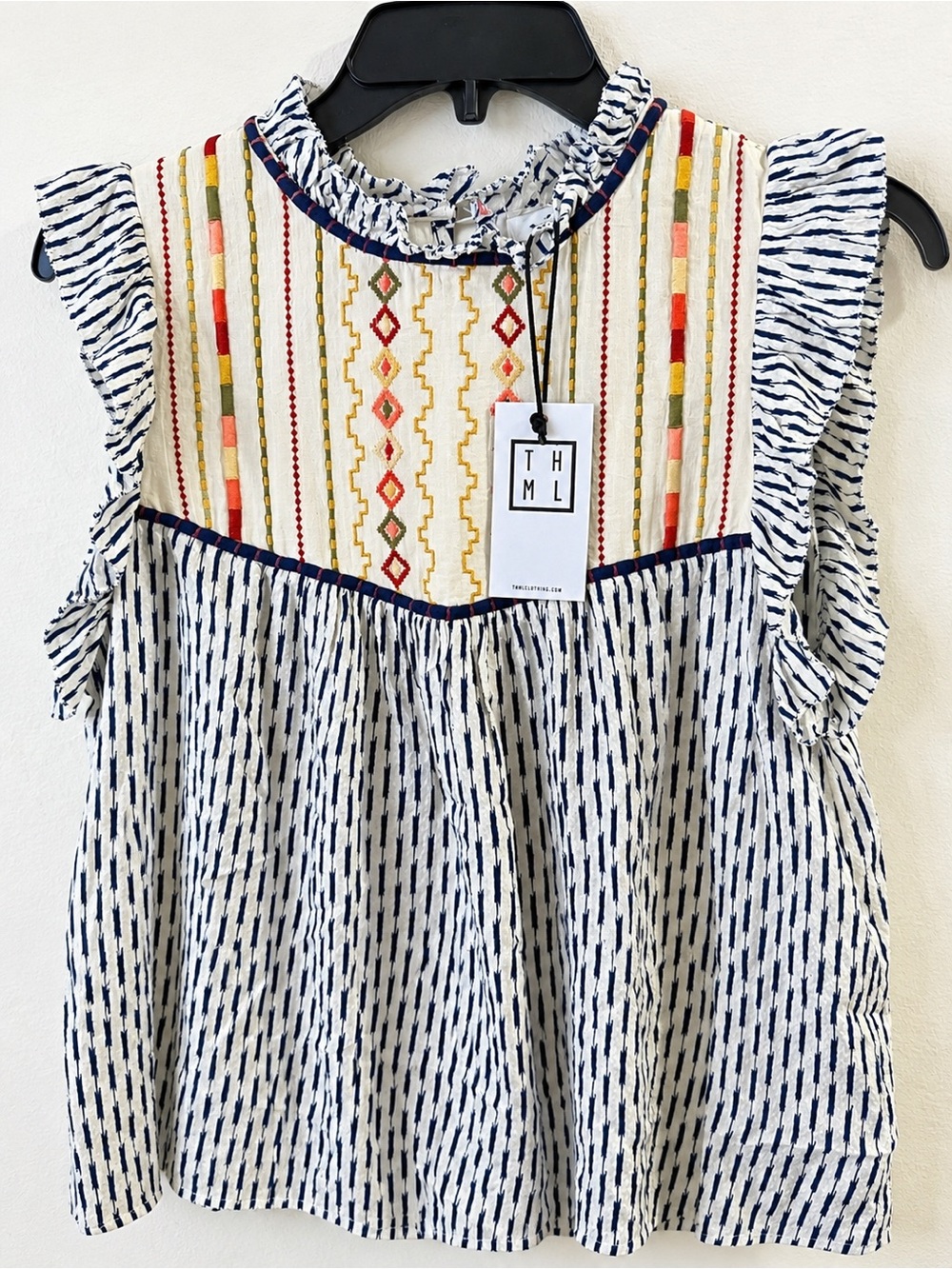 THML Cream & Navy Embroidered Ruffle-Yoke Toddler Dress